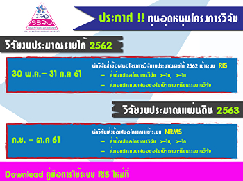 ประกาศ !!
ทุนอุดหนุนโครงการวิจัยงบประมาณรายได้
2562 และ งบประมาณแผ่นดิน 2563