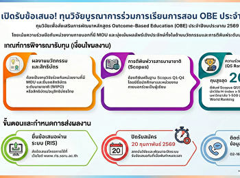 เปิดรับข้อเสนอทุนวิจัยบูรณาการร่วมการเรียนการสอน
OBE ประจำปี 2569