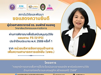 สถาบันวิจัยและพัฒนา
มหาวิทยาลัยราชภัฏสวนสุนันทา
ขอแสดงความยินดีกับ  ผู้ช่วยศาสตราจารย์
ดร.อนพัทย์ หนองคู
วิทยาลัยนวัตกรรมและการจัดการ
